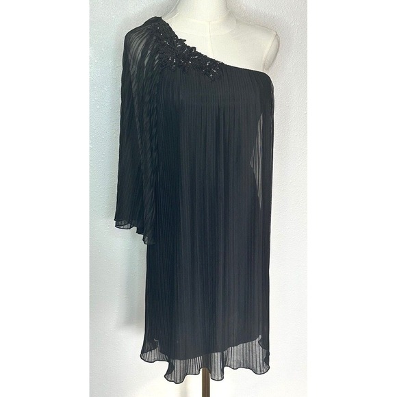 BISOU BISOU Black Pleated One-Shoulder Floral Sequin Chiffon Dress Size L - NEW - Picture 1 of 11